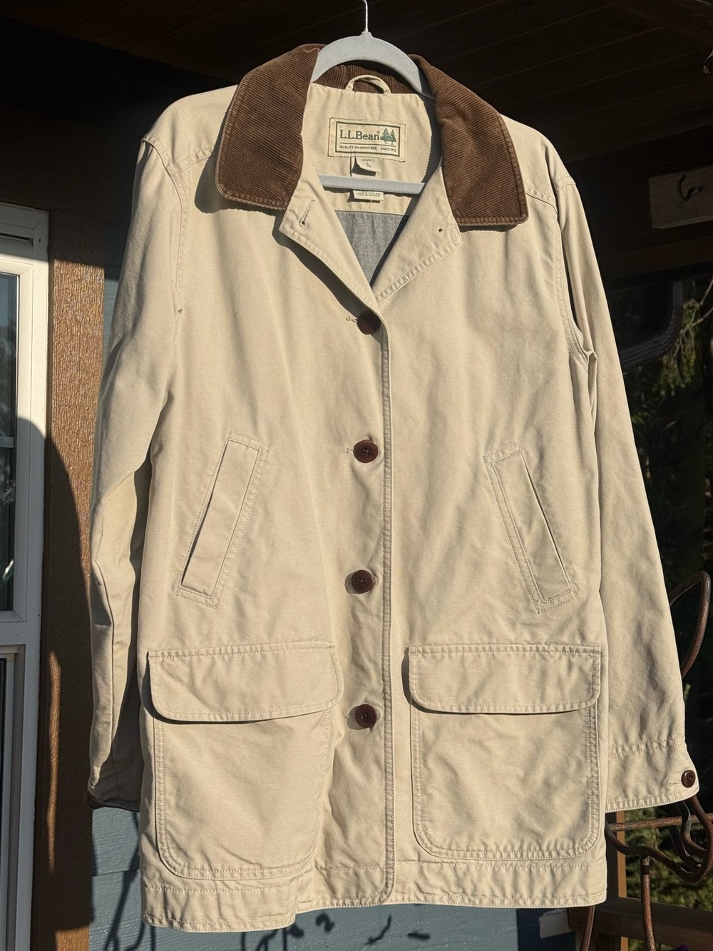 L.L. Bean Beige Canvas Trench Coat with Brown Corduroy Collar